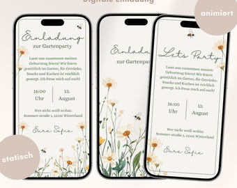 Digital invitation for garden party, WhatsApp invitation, animated birthday eCard, Canva template, digital personalized invitation cards, pastel