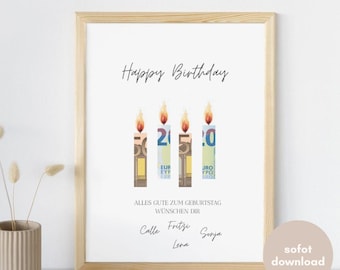 May include: A framed print with the words "Happy Birthday" and "Last Minute Geldgeschenk." The artwork features four candles with flames, each displaying the numbers "2020" made of Euro banknotes. The print includes birthday wishes and names.