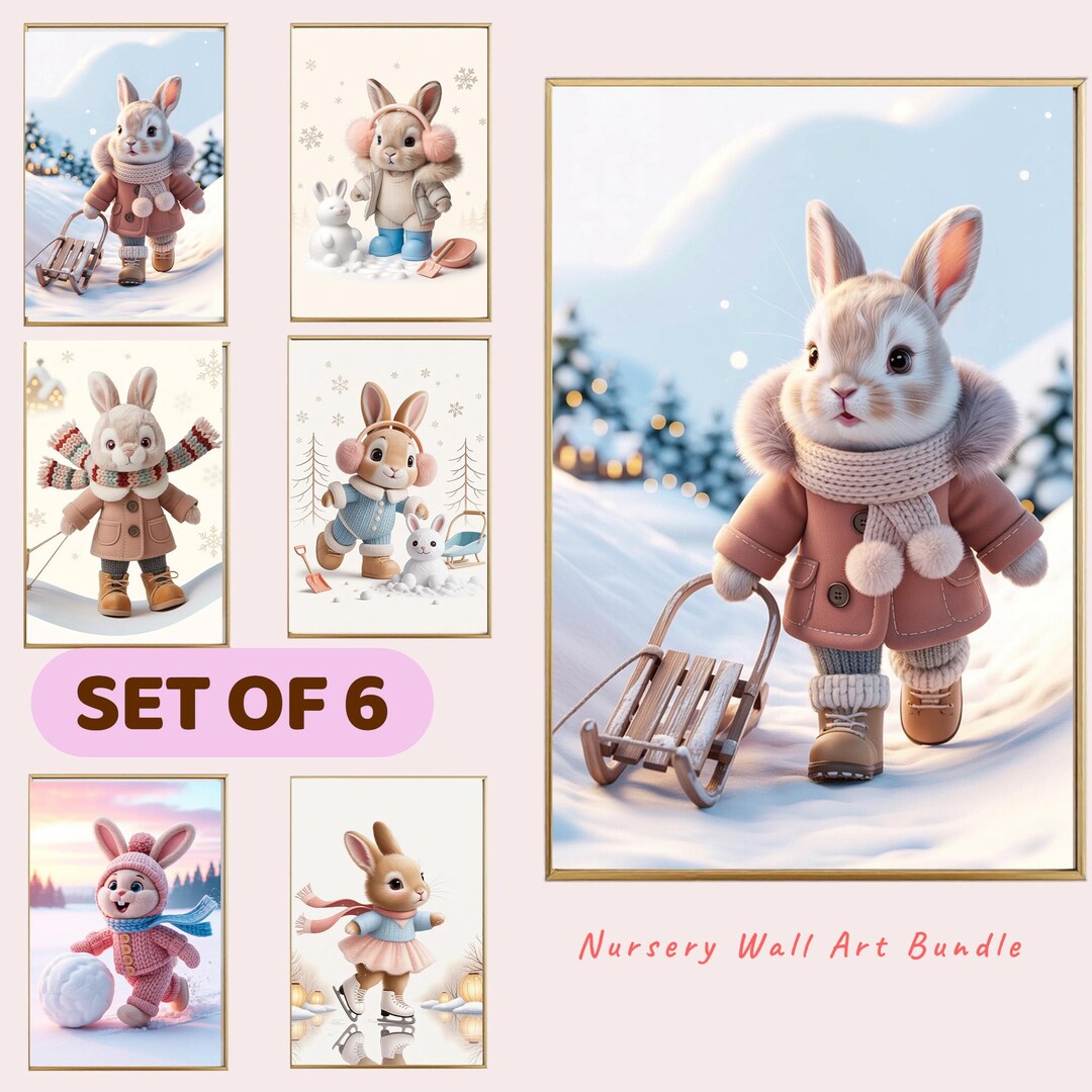 Neutral Rabbit Stuff For Rabbits Set of 6 Cute Bunny Nursery Wall Art Prints | Winter Forest Rabbits ...