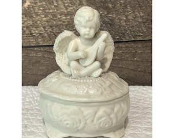 Porcelain Bisque Cherub Figurine Playing Musical Instrument Lidded Trinket Dish