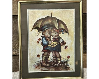 Vintage Hummel Picture Lithograph Framed Print Kids Siblings Art Umbrella 11x9