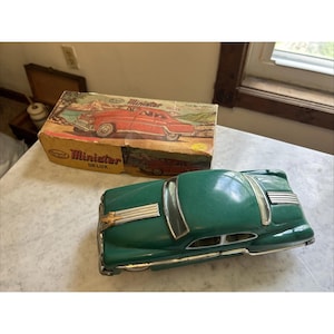 May include: A vintage green tin toy car with silver trim and a matching rectangular cardboard box. The box features a printed illustration of a red car and the text Minister DELUX. The toy car has a streamlined body, silver hood ornament, and windows.