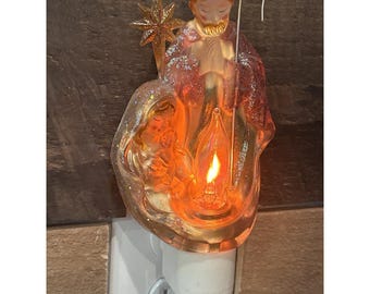 Vintage Krippe Nachtlicht flackernde Feuerbirne Mary Joseph Jesus Midwest