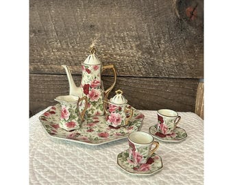 Ceramic Shabby Rose Mini Teapot Set Tea Time Ten Piece Set Collectible tblww1