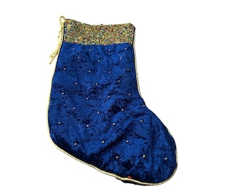 Ethereal Blue Velvet Christmas Stocking with Multicolor Sequins VTG