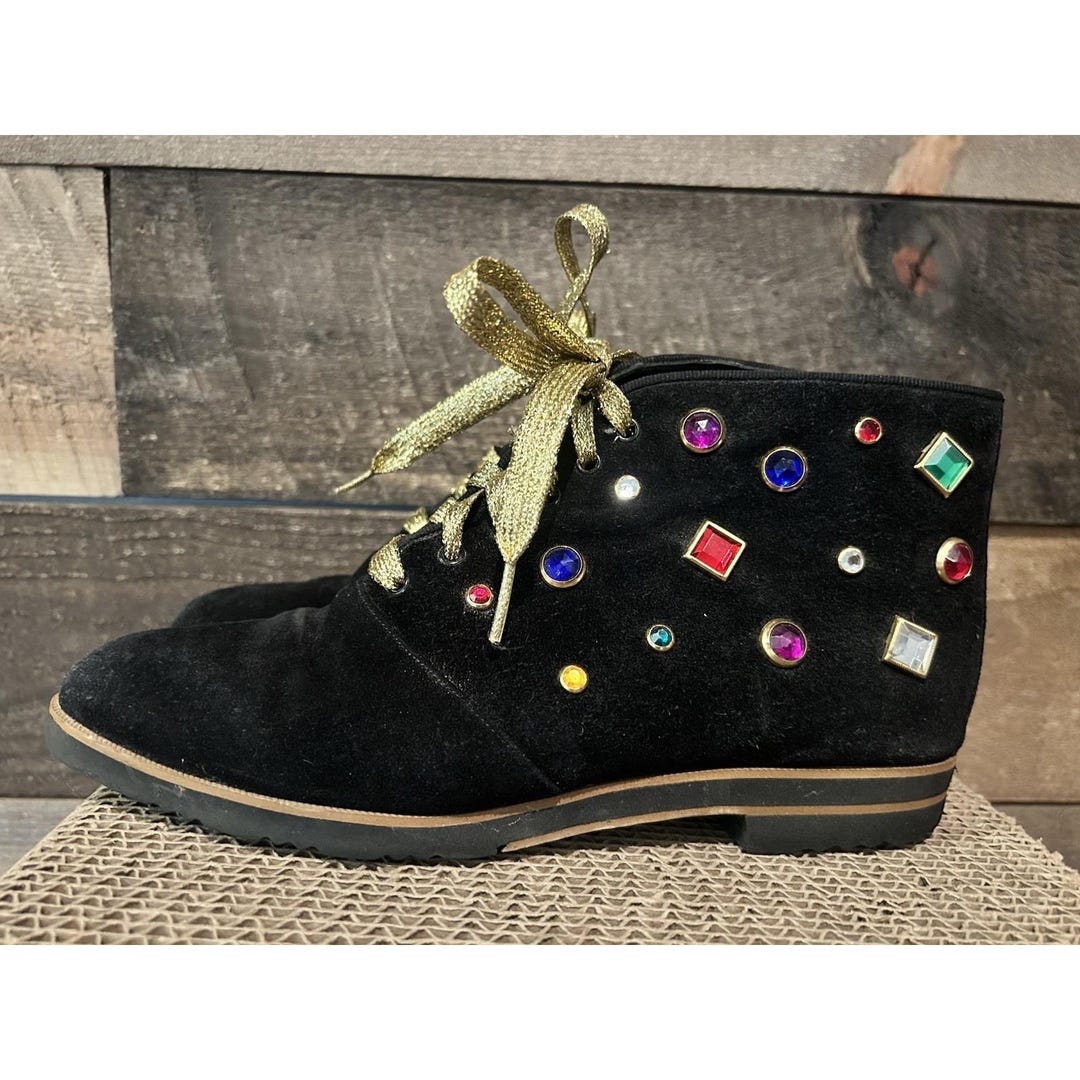 Vintage Stuart 80s Black Suede Jeweled Leather Black Ankle Boots Size 6 ...