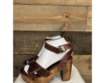 Sandalias Bed Stu Madeline para mujer, talla 6, color rojo y marrón, de piel, con correa al tobillo y hebilla, plataforma.