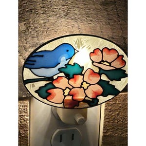 May include: An oval-shaped night light featuring a blue bird perched near pink and red flowers with green leaves. The night light plugs into a standard electrical outlet and has a decorative stained-glass appearance.