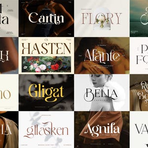 May include: A grid of sixteen images showcasing various font styles. Each image features a different font name, such as "Soft Quota," "Cartin," and "Abigail." The fonts vary in style, with some being elegant serifs and others more modern.