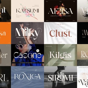 May include: A collection of various font designs, each displayed with a unique name in a stylish typeface. The fonts are presented on different backgrounds, with some featuring accompanying imagery. The overall aesthetic is modern and elegant, suitable for branding or design projects.