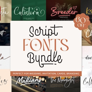 Puede incluir: Imagen que muestra una colección de fuentes de escritura, incluyendo "Boavista" y "Calistora", con el texto central "Script Fonts Bundle". Es visible una etiqueta con "60% OFF". También está presente el texto "Perfect for Wedding, Invitation, Cards, Branding".