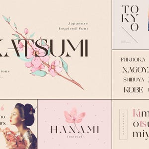 May include: A graphic design layout featuring the word "KATSUMI" in a bold font, with a floral illustration. Additional text includes "Japanese Inspired Font" and city names like "TOKYO" and "OSAKA". The layout has a soft, neutral color palette.