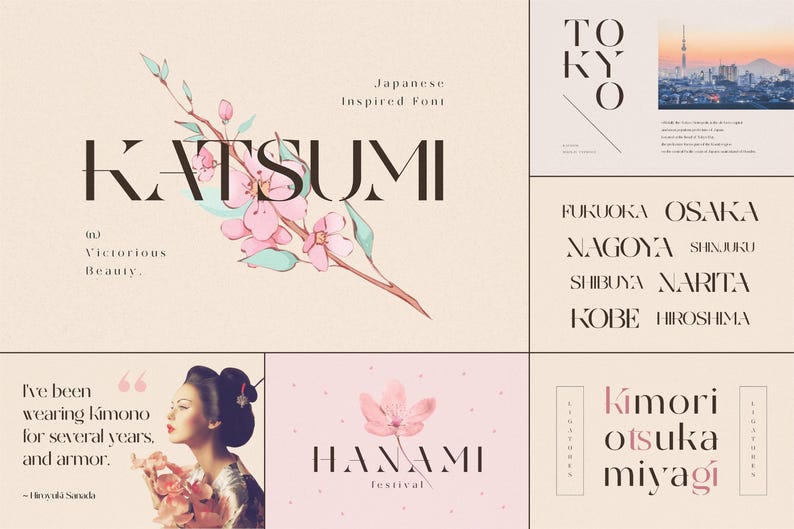 May include: A graphic design layout featuring the word "KATSUMI" in a bold font, with a floral illustration. Additional text includes "Japanese Inspired Font" and city names like "TOKYO" and "OSAKA". The layout has a soft, neutral color palette.