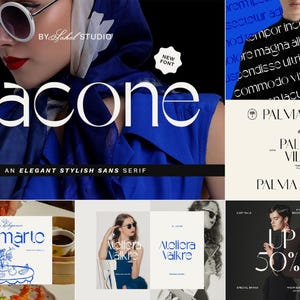 May include: A collage of graphic design examples. The top left features the word "Gacone" in a large, elegant font. Other designs include the text "Palma Villa", "Montmarto", and "Atellora Valkre". A sale graphic shows "Up to 50% Off".
