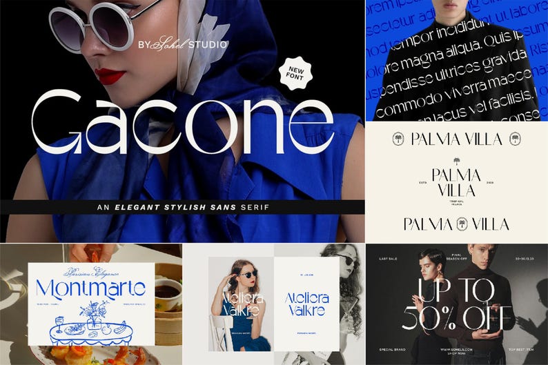 May include: A collage of graphic design examples. The top left features the word "Gacone" in a large, elegant font. Other designs include the text "Palma Villa", "Montmarto", and "Atellora Valkre". A sale graphic shows "Up to 50% Off".