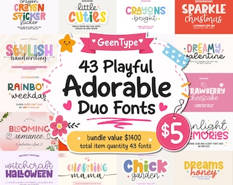 Puede incluir: Una colección digital de 43 fuentes dúo lúdicas y adorables que presentan varios estilos tipográficos coloridos, incluidos Crayon Sticker, Little Cuties, Sparkle Christmas y Strawberry Cheesecake, presentados en un gráfico promocional.