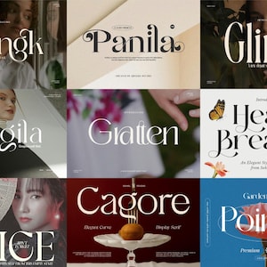 May include: A collection of nine graphic design examples featuring various fonts. Each design showcases a different font style, with names like "Dringk", "Panila", "Glimik", "Fergila", "Gratten", "Heart Breaker", "Twice", "Cagore", and "Poirier". The designs use a variety of colors and layouts.