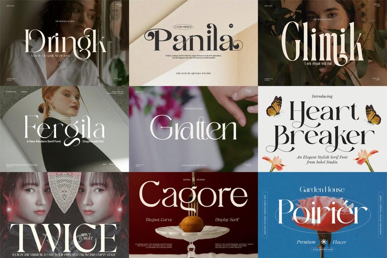 May include: A collection of nine graphic design examples featuring various fonts. Each design showcases a different font style, with names like "Dringk", "Panila", "Glimik", "Fergila", "Gratten", "Heart Breaker", "Twice", "Cagore", and "Poirier". The designs use a variety of colors and layouts.