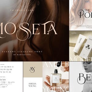 May include: A collage of design elements featuring the word "MOSETA" in an elegant font, with the text "INTRODUCING" and "ELEGANT LIGATURE FONT." Other elements include the word "PORSE," beauty product packaging, and the words "KATRINE," "AMELIA YOUNG," and "BELIA FASHION."