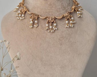 Bridal Pearl Necklace Set, Gold Plated Lotus Temple Jewelry, Ethnic Earrings