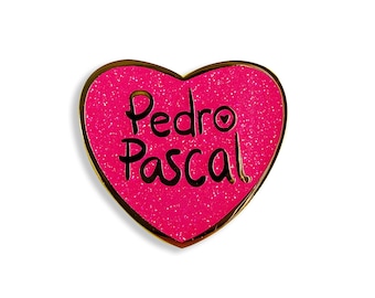 Pedro Pascal Pink Glitter Heart Enamel Pin - 1.25" Gold Lapel Celebrity Pin Badge