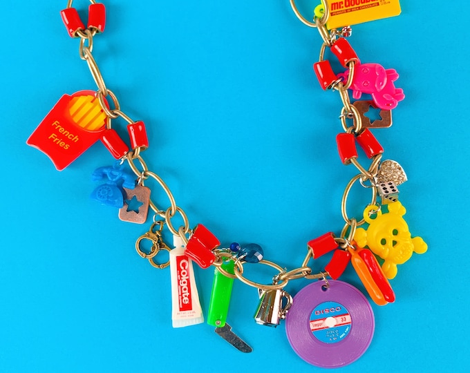Vintage Plastic Charm Chain Necklace 80s Jewelry One of A Etsy