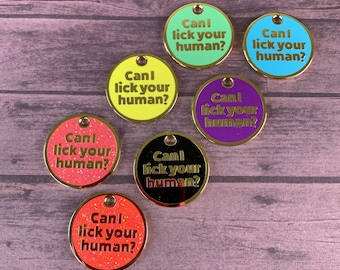 Can I Lick Your Human - Funny Pet Dog Tag 1" Gold Enamel Circle - Cute Cat or Puppy Gift