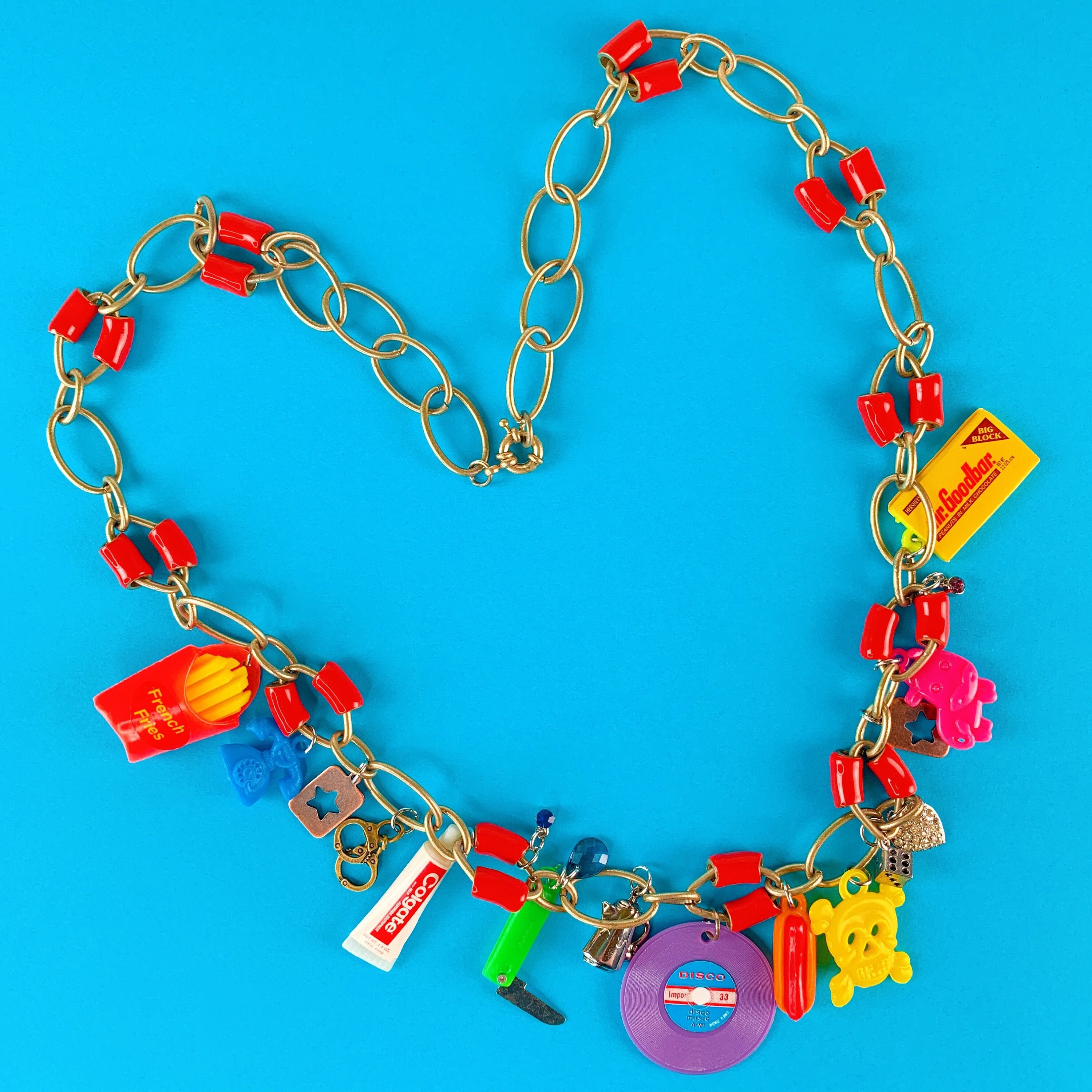 Vintage Plastic Charm Chain Necklace 80s Jewelry One of A Etsy