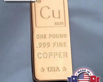 1 lb .999 Fine Copper Bar Ingots - Hand Poured With "Cu" Element Design