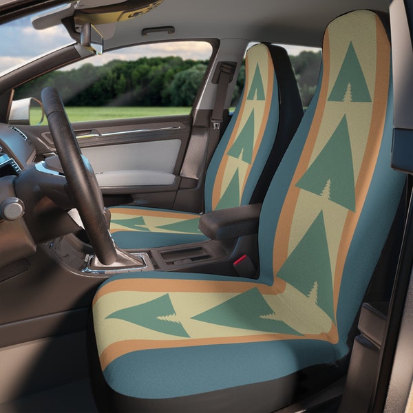 Front Car Seat Covers Pair | Minimalist Geometric Mountain Forest Off-Road Overland Design Vintage Outdoor Color Palette