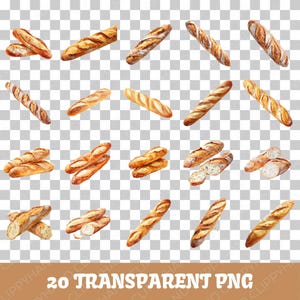 20 Clip Art de Baguete, Contorno de Clipart de Pão Francês, Fundo Transparente de Clipart de Padaria - Estilo Realista