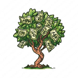 20 Clip Art di Albero dei soldi, Clipart di Albero della fortuna, Clipart di Prosperità con sfondo trasparente - Illustrazione e stile cartoon, Mix di acquerelli