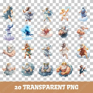 20 imágenes prediseñadas de Zeus, contorno de Zeus, fondo transparente de Zeus (mezcla de dibujos animados y acuarela)