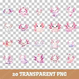 20 Kids Style Cartoonish Axolotl Clip Art, Cute Axolotl Clipart PNG, Cute Salamander Clipart Transparent Background - Cartoon Style