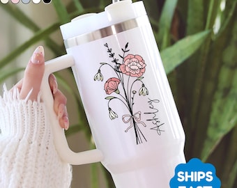 Personalized Floral Name Tumbler, Custom Flower Cup, Birthday Gift for Her, Bridesmaid Gift, Mother’s Day Gift, Custom Name Cup