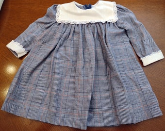 Vintage Christian Dior Enfant Gray Winter Dress Size 2T, 1980s Long Sleeves Collar Toddler Girls Houndstooth