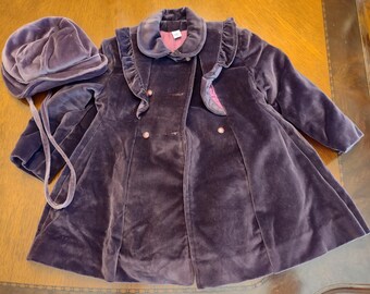 Vintage Rothschild Girls Purple Velvet Winter Coat & Hat, 26" Chest 1980s Kids Outerwear