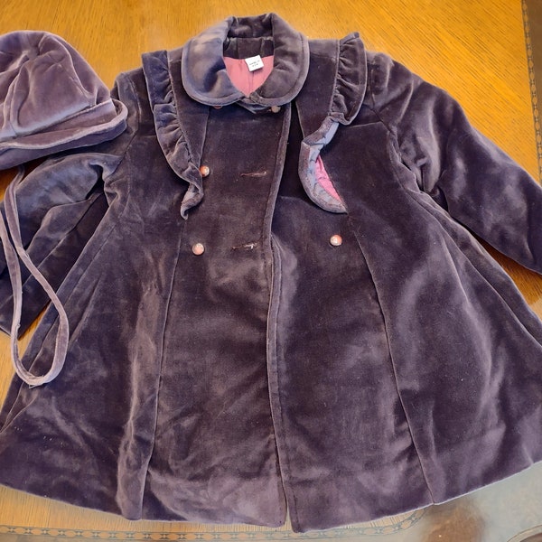 Vintage Rothschild Girls Purple Velvet Winter Coat & Hat, 26" Chest 1980s Kids Outerwear