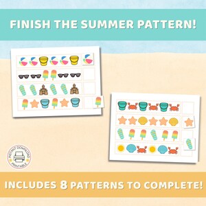May include: Two printable worksheets with summer-themed patterns to complete. The worksheets feature colourful illustrations of beach balls, sunglasses, ice pops, sandcastles, buckets, starfish, and flip-flops. The text reads "FINISH THE SUMMER PATTERN!" and "INCLUDES 8 PATTERNS TO COMPLETE!"