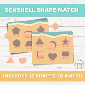 May include: A seashell shape matching game with the text "Seashell Shape Match" and "Includes 12 Shapes to Match". The game features two cards with seashell shapes and matching cutouts in various geometric forms, in shades of peach, brown, and gray.