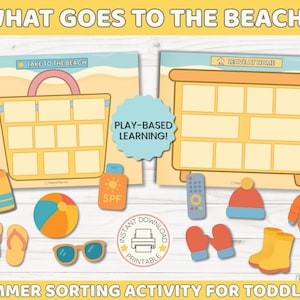May include: A colourful summer sorting activity for toddlers. The image shows two boards with the text "What Goes to the Beach?" and "Summer Sorting Activity for Toddlers". Includes illustrations of beach items like sunglasses, sunscreen, and a beach ball.