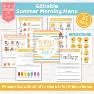 Menu du matin d'été modifiable pour les enfants | Feuilles de travail imprimables Recherche de noms, alphabet et activités préscolaires