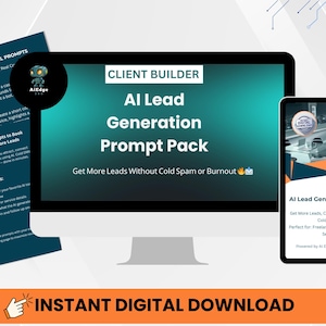 May include: A digital marketing product displayed on a computer monitor and tablet. The screen shows "AI Lead Generation Prompt Pack" with the text "Get More Leads Without Cold Spam or Burnout." Additional documents are visible.