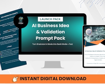 Puede incluir: Anuncio de un producto digital que muestra un monitor de ordenador y una tableta que muestra "AI Business Idea & Validation Prompt Pack". El diseño turquesa y blanco incluye el texto "Turn Brainstorm Mode into Bank Mode - Fast". Se ven indicaciones adicionales.