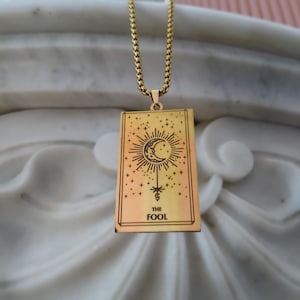 collier pendentif carte de tarot XXL miroir, grand collier doré tarot