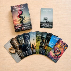 Può includere: Un mazzo di carte intitolato "Cosa ti blocca?" con una scatola e diverse carte a ventaglio. La scatola e le carte presentano arte astratta colorata e testo in francese. Le carte sono a tema relazioni e single.
