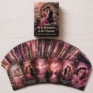 May include: A deck of 58 cards for guidance on relationships, titled "Oracle de la Romance et de l'Amour." The cards feature romantic imagery and French text. The box shows a couple embracing in a rose garden. The cards are fanned out on a light wooden surface.