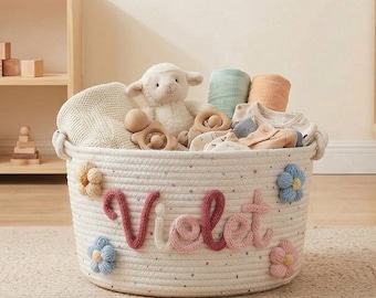 Personalized Baby Basket With Name, Custom Nursery Storage Basket, Cotton Rope Toy Organizer, Baby Shower Gift, Newborn Gift