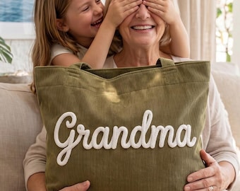 Spersonalizowana torba na zakupy dla babci z imieniem, sztruksowa torba na prezent dla babci Gigi Mimi, urodziny, prezent na Dzień Matki, prezent świąteczny dla babci