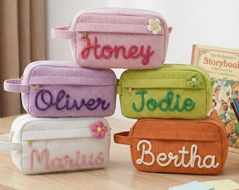 Gepersonaliseerde corduroy etui op maat gemaakt naamzakje monogram etui terug naar school cadeau voor kinderen meisjes student organizer tas